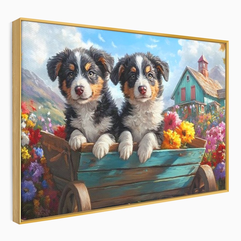 Tablou canvas cu doi catei australian shepherd in caruta cu flori, in rama de aluminiu auriu